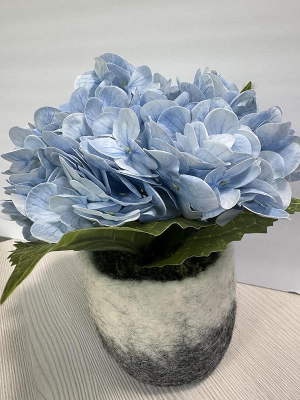 Handmade Artificial Blue Hydrangea in Felted Wool Vase for Table or Shelf
