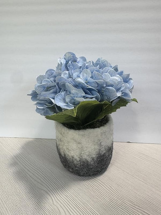 Handmade Artificial Blue Hydrangea in Felted Wool Vase for Table or Shelf
